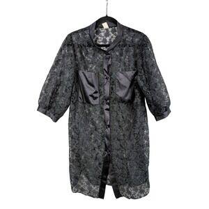 Vintage Black Lace Kimono Robe Duster Sheer Sleeve Satin Trim Women's